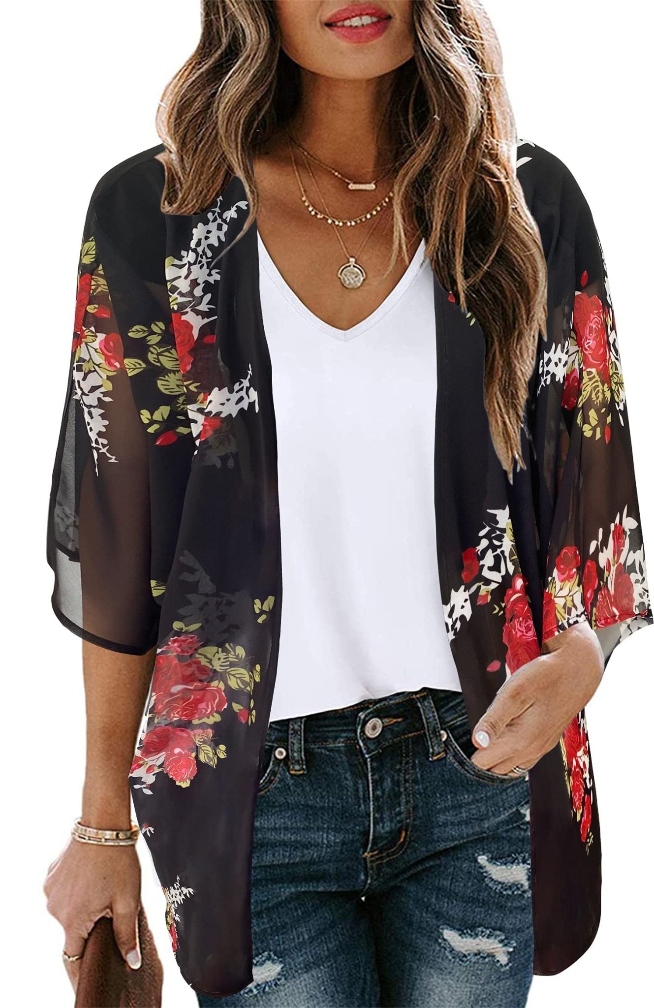 Women's Floral Print Short Sleeve Shawl Chiffon Kimono Cardigan Casual Blouse Tops(Black L) - Bella Blue Styles