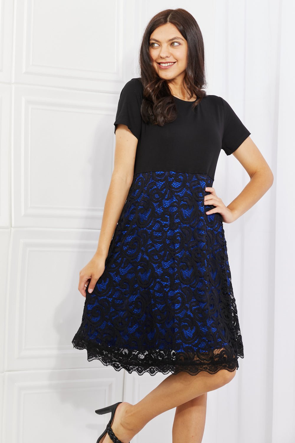 Yelete Full Size Contrasting Lace Midi Dress - Bella Blue Styles