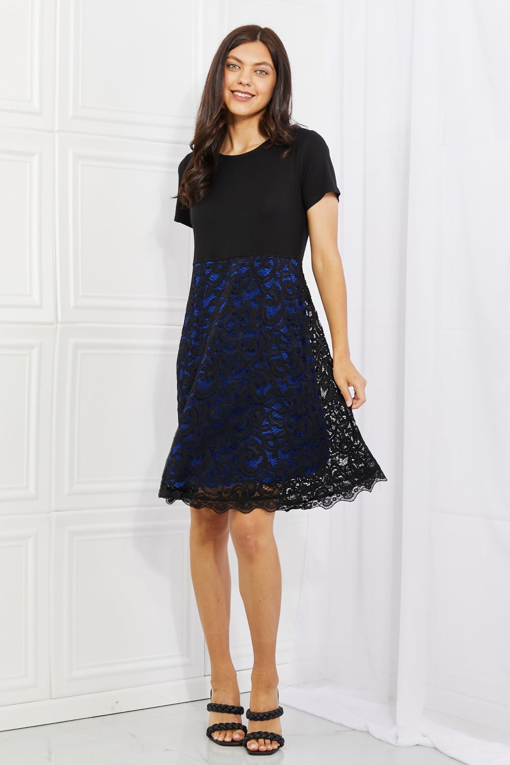 Yelete Full Size Contrasting Lace Midi Dress - Bella Blue Styles