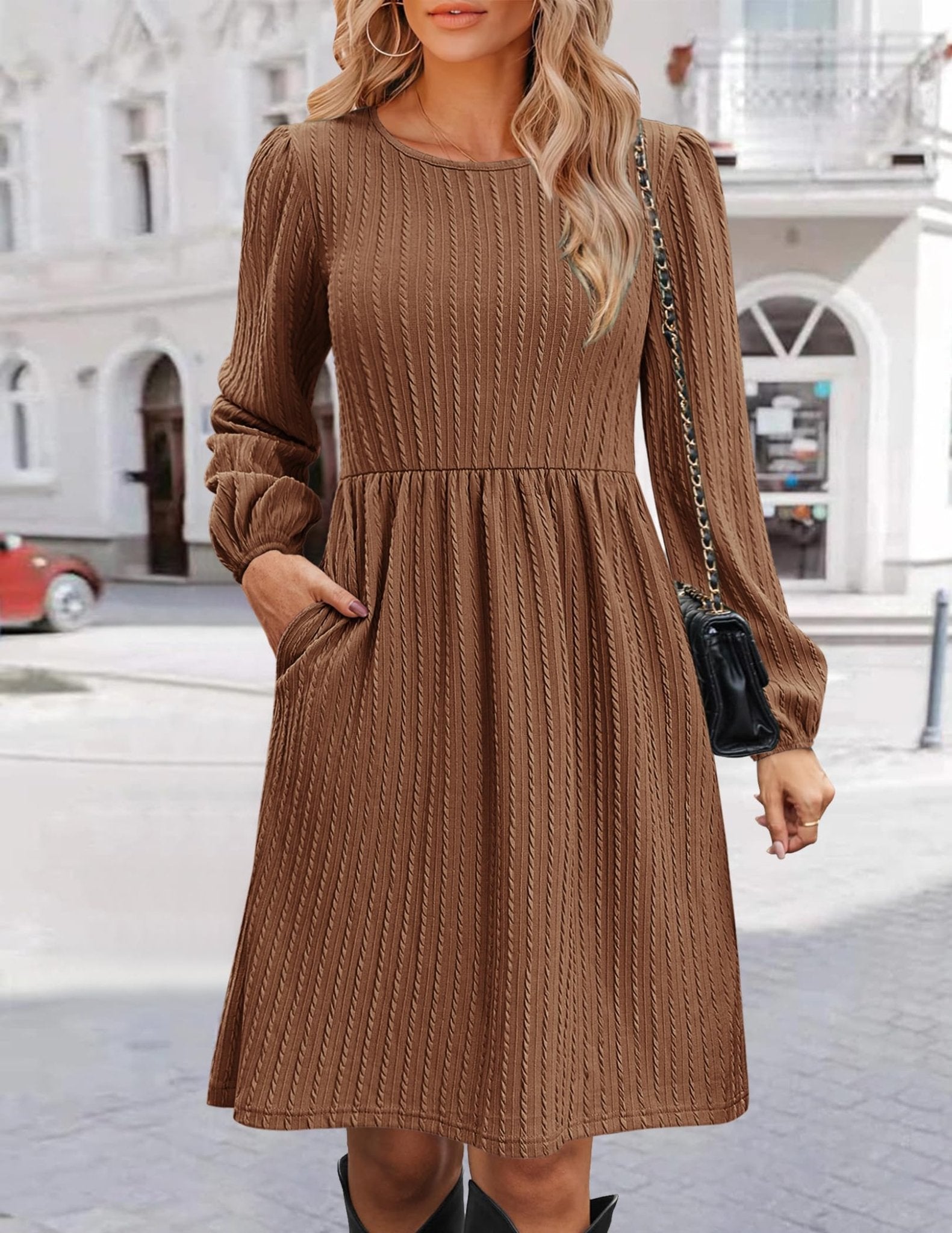 Zeagoo Women Casual Flowy Dresses Womens Fall Knit Sweater Dress Long Lantern Sleeve Dresses with Pockets Womens Short Tunic Dresses Brown Large - Bella Blue Styles