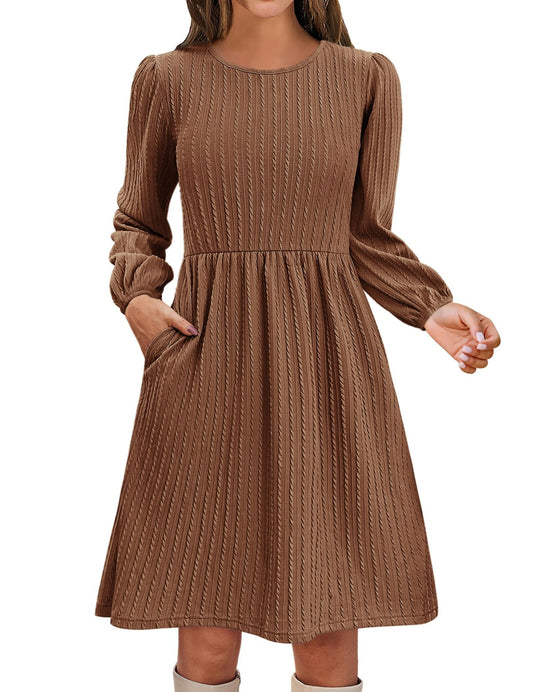 Zeagoo Women Casual Flowy Dresses Womens Fall Knit Sweater Dress Long Lantern Sleeve Dresses with Pockets Womens Short Tunic Dresses Brown Large - Bella Blue Styles