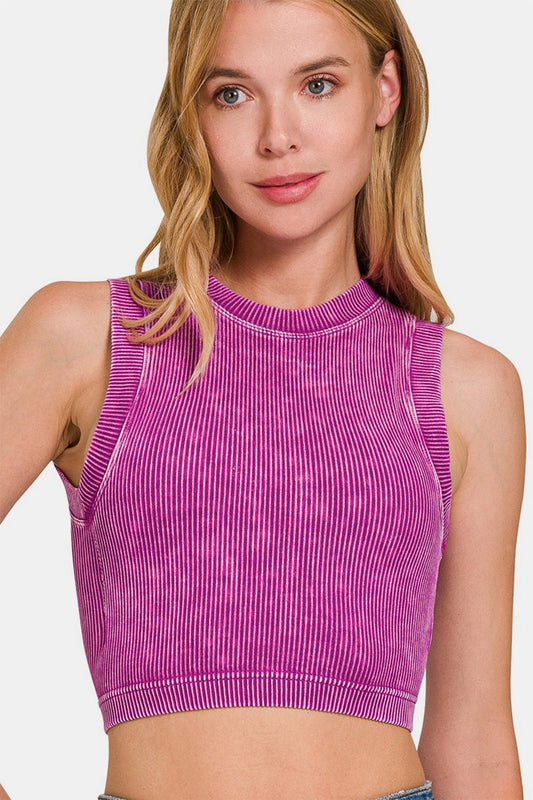 Zenana Plum Washed Ribbed Seamless Crop Tank w/Bra Pad - Bella Blue Styles