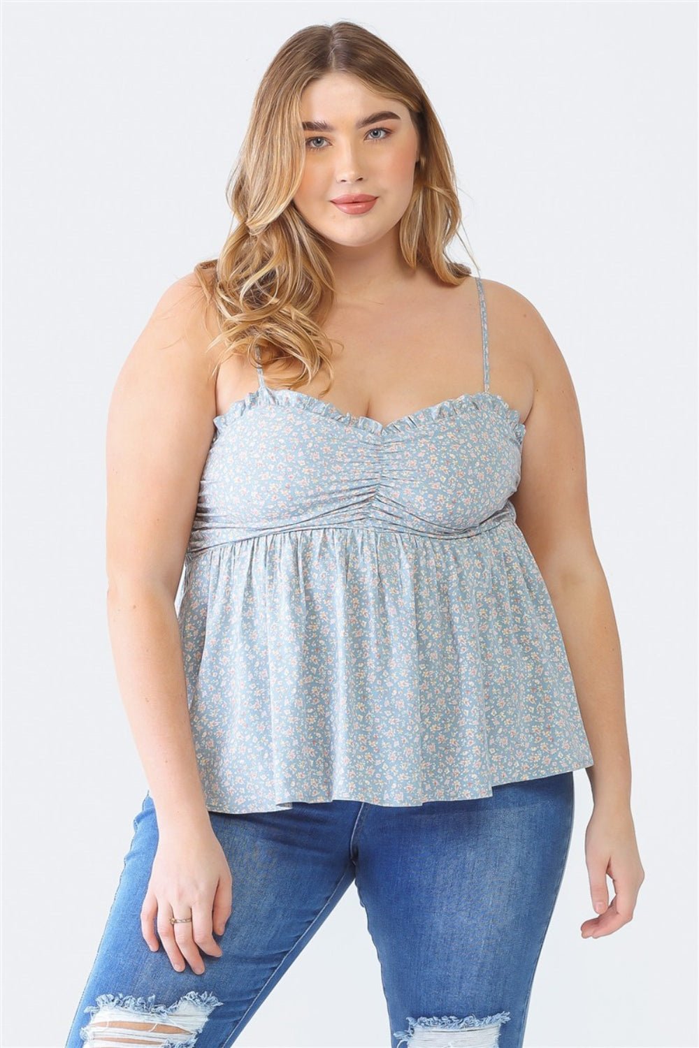 Zenobia Plus Size Frill Smocked Floral Sweetheart Neck Cami - Bella Blue Styles