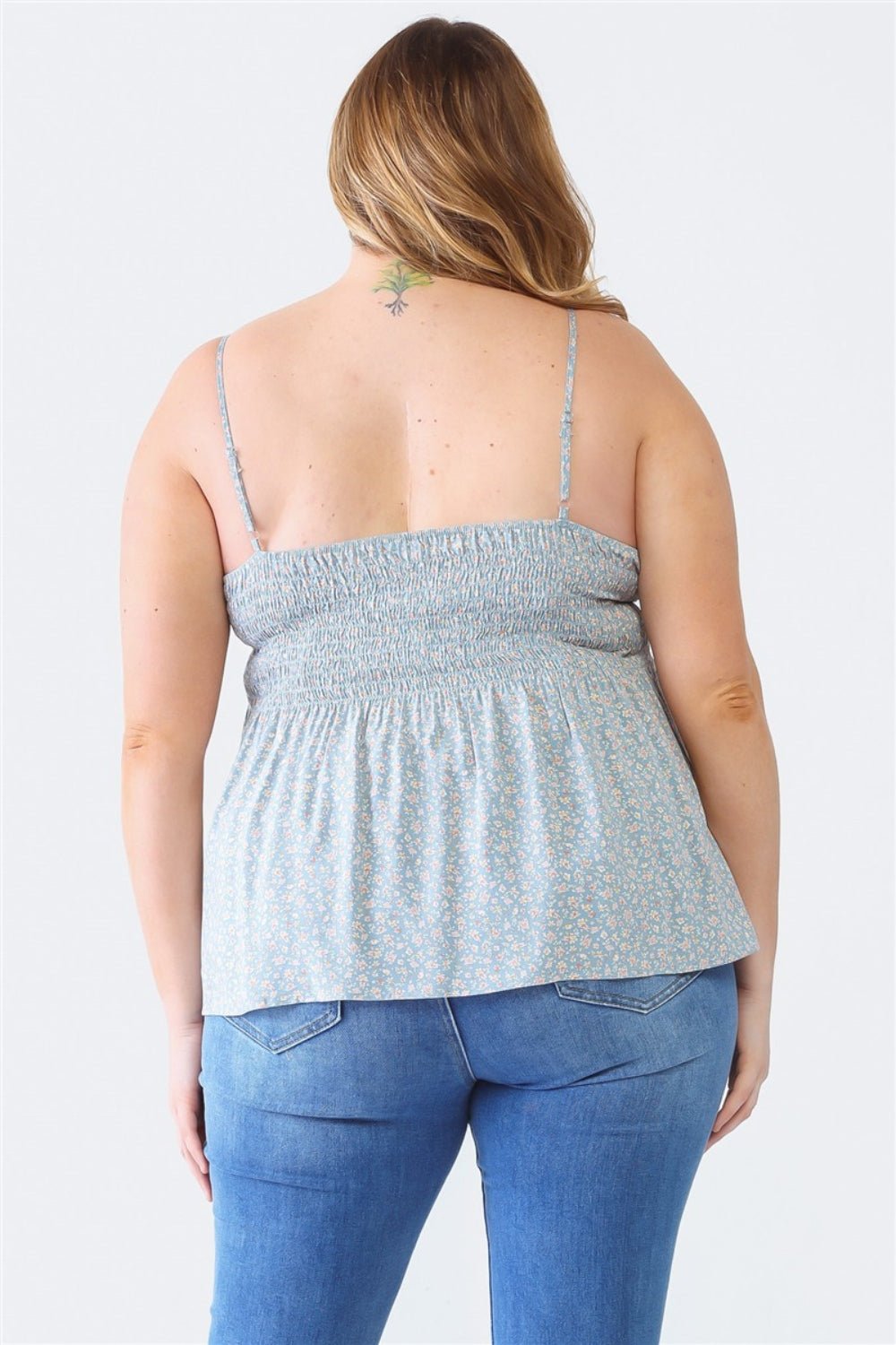 Zenobia Plus Size Frill Smocked Floral Sweetheart Neck Cami - Bella Blue Styles