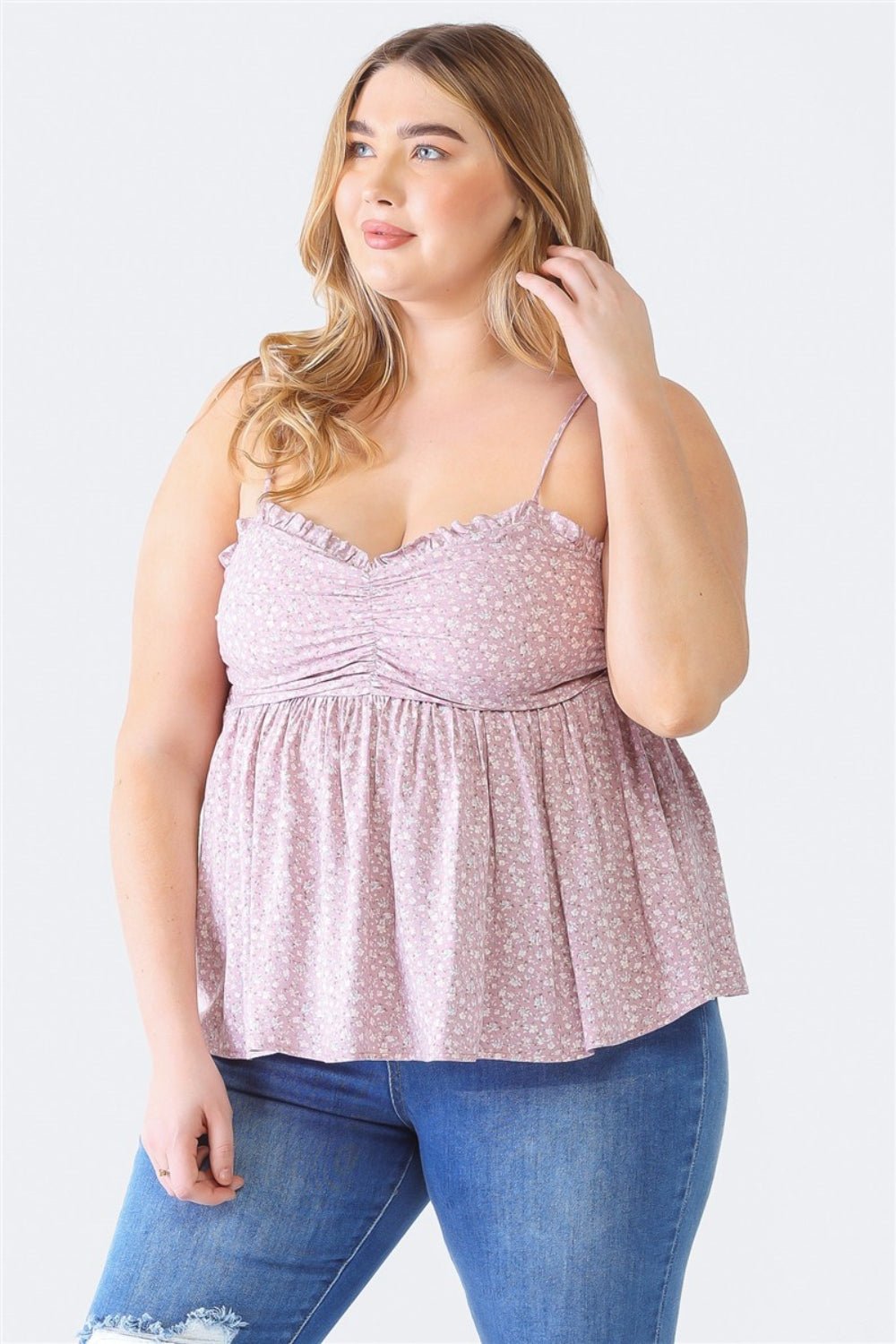 Zenobia Plus Size Frill Smocked Floral Sweetheart Neck Cami - Bella Blue Styles