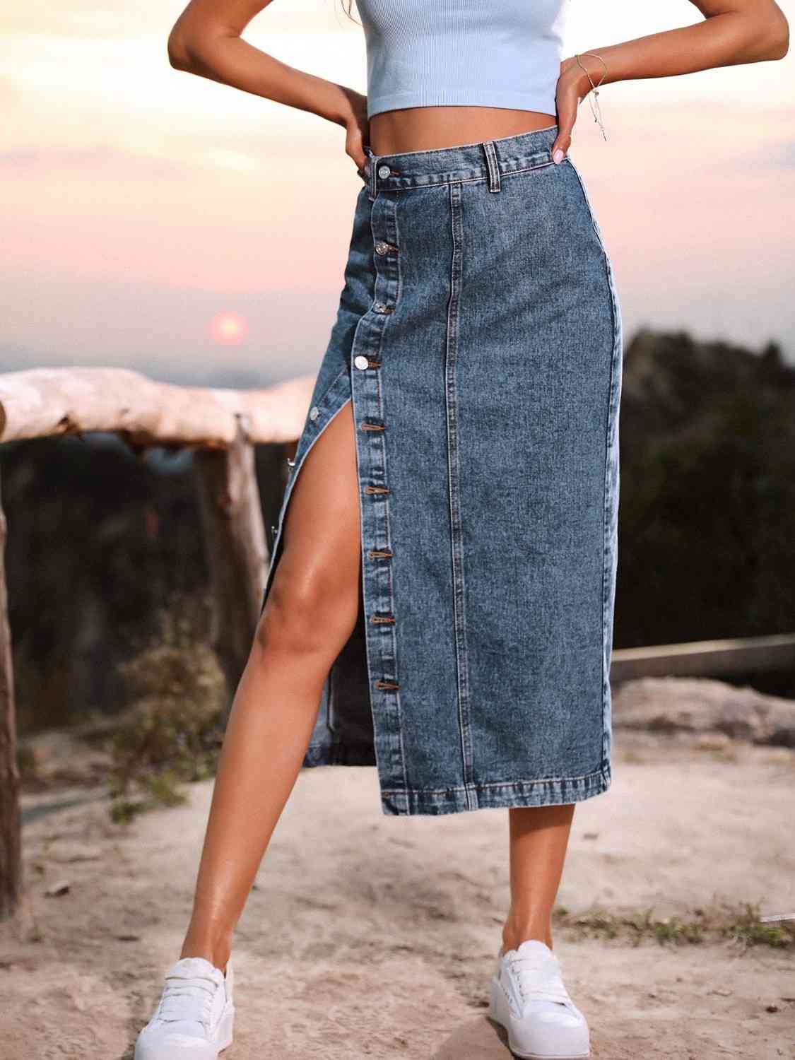 Zoey Button Down Denim Skirt - Bella Blue Styles