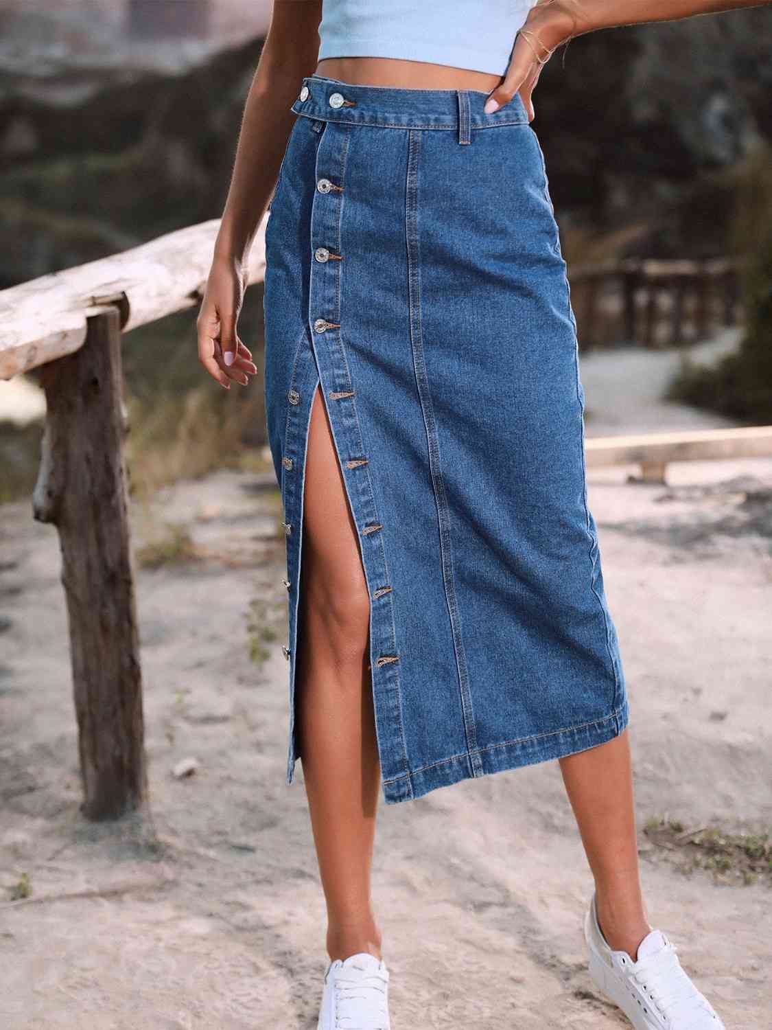 Zoey Button Down Denim Skirt - Bella Blue Styles