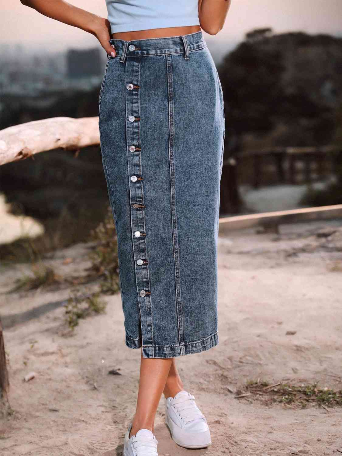 Zoey Button Down Denim Skirt - Bella Blue Styles