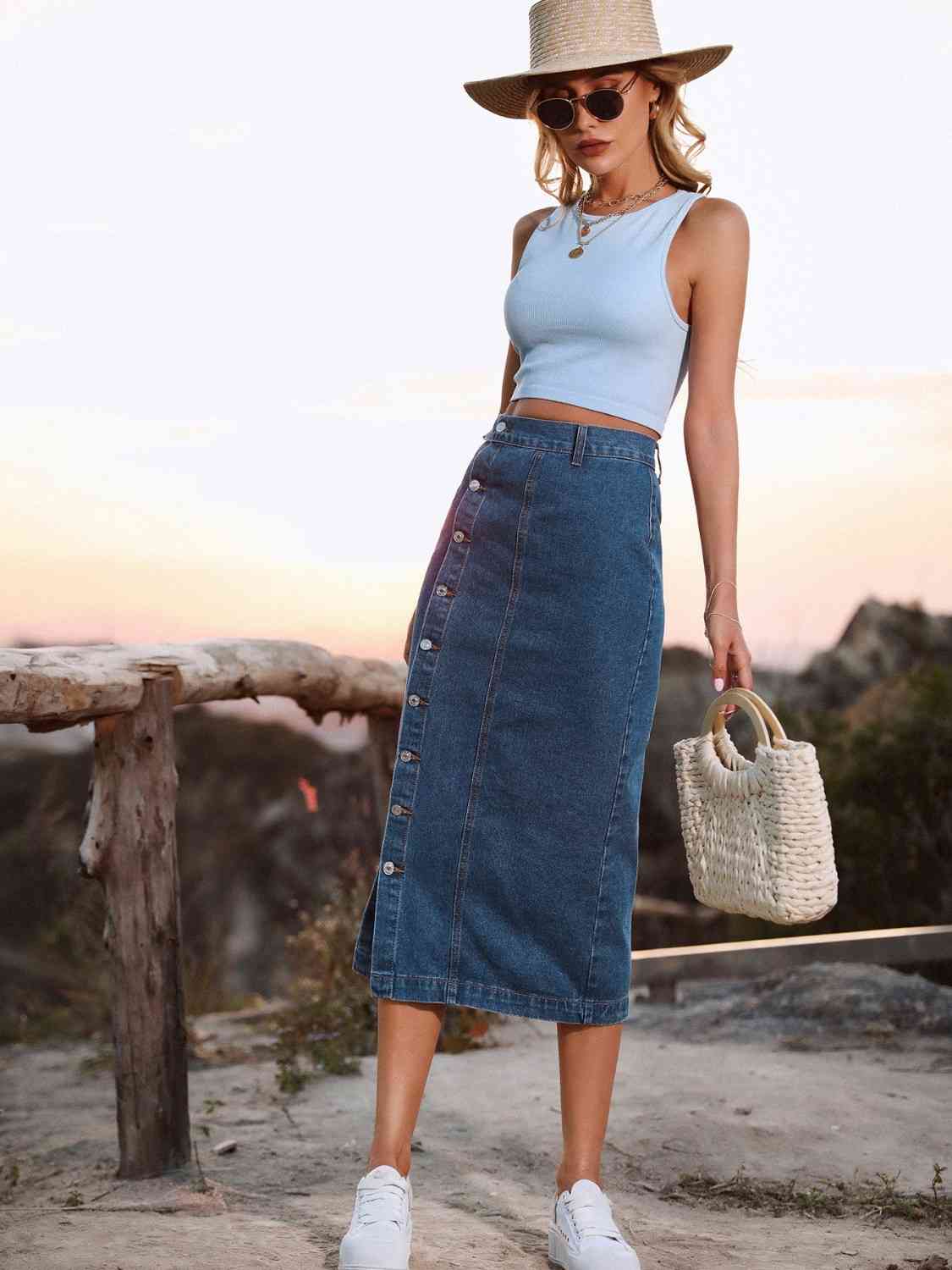 Zoey Button Down Denim Skirt - Bella Blue Styles