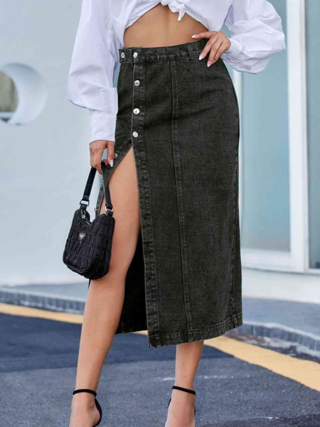 Zoey Button Down Denim Skirt - Bella Blue Styles